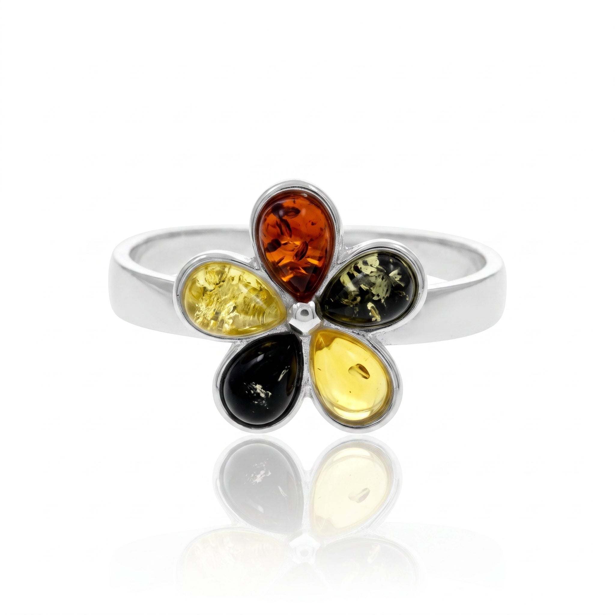 925 Sterling Silver & Genuine Baltic Amber Flower Adjustable Ring - 7656