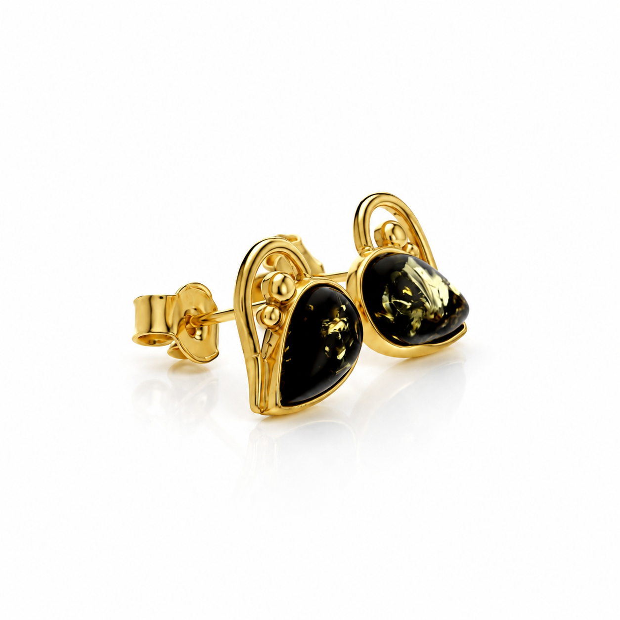 Gold Plated over 925 Sterling Silver & Genuine Baltic Amber Hearts Studs Earrings - M194G