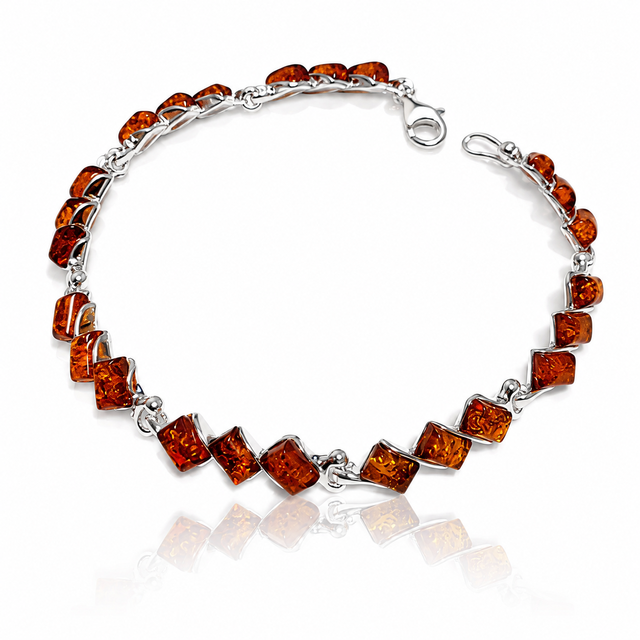 925 Sterling Silver & Genuine Baltic Amber Square Exclusive Link Bracelet - 2102