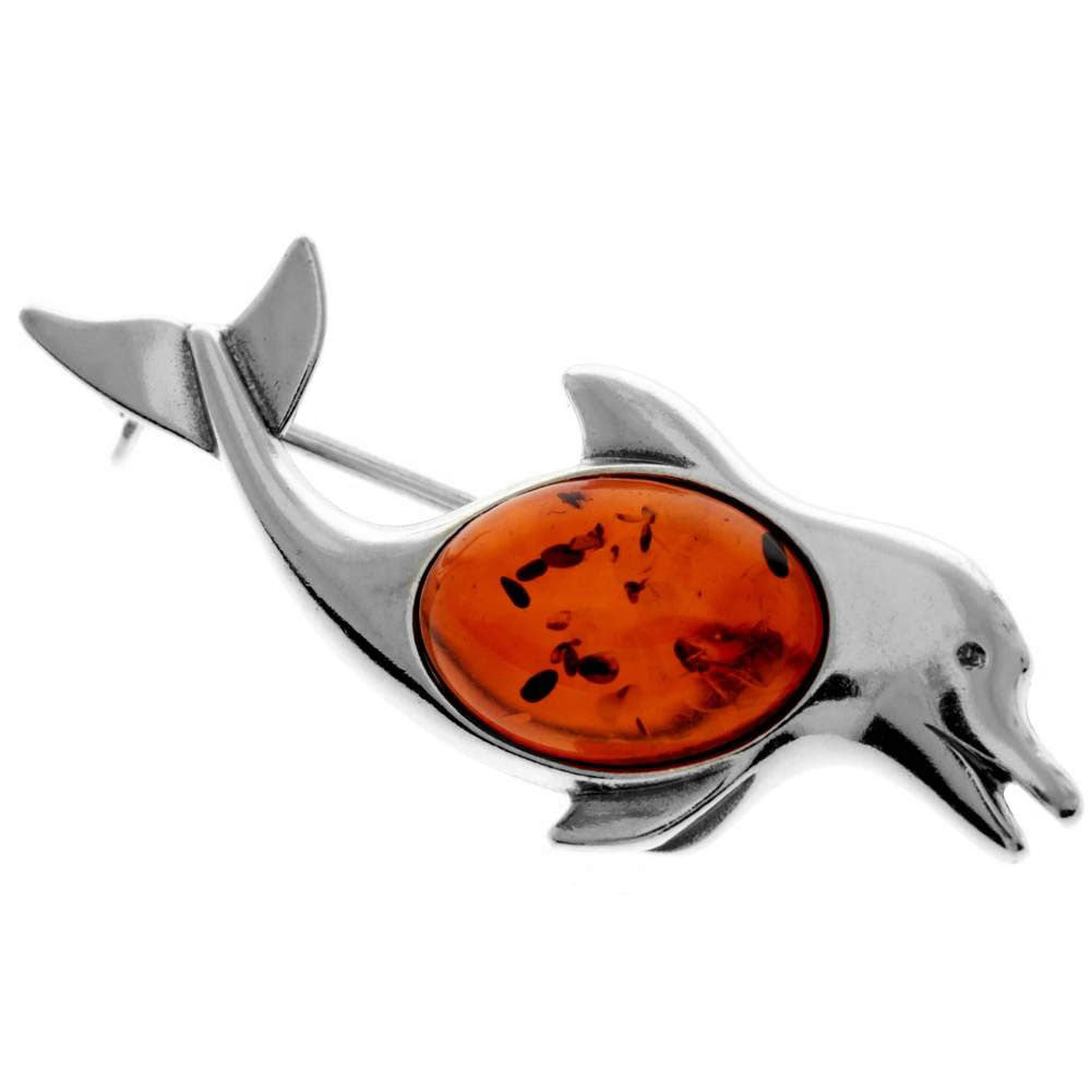 925 Sterling Silver & Baltic Amber Dolphin Brooch - 4009