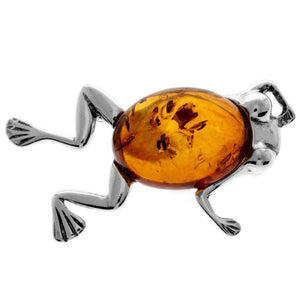 925 Sterling Silver & Genuine Baltic Amber Frog Brooch - 4011