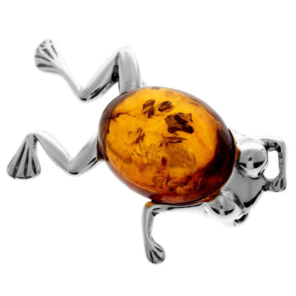 925 Sterling Silver & Genuine Baltic Amber Frog Brooch - 4011
