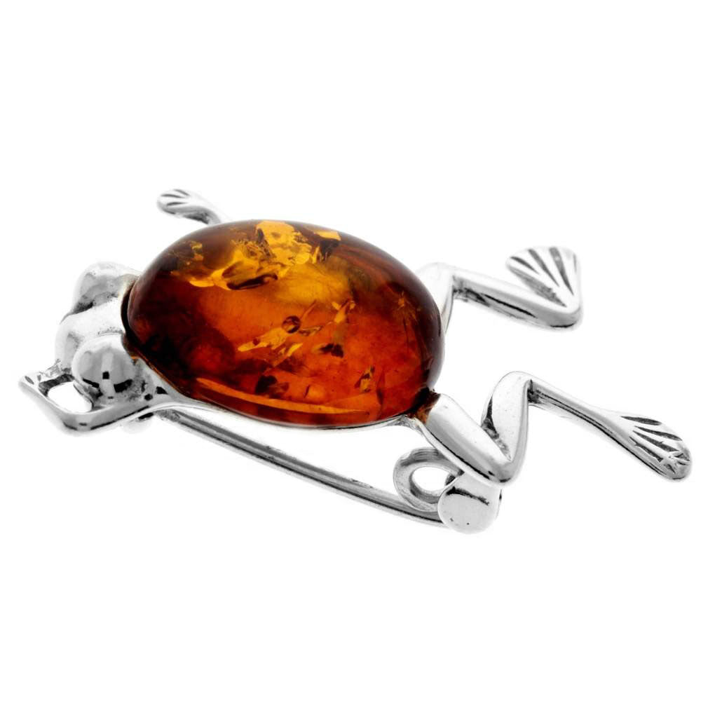 925 Sterling Silver & Genuine Baltic Amber Frog Brooch - 4011