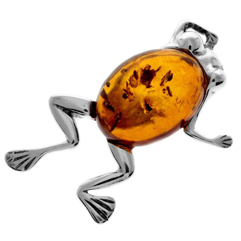925 Sterling Silver & Genuine Baltic Amber Frog Brooch - 4011
