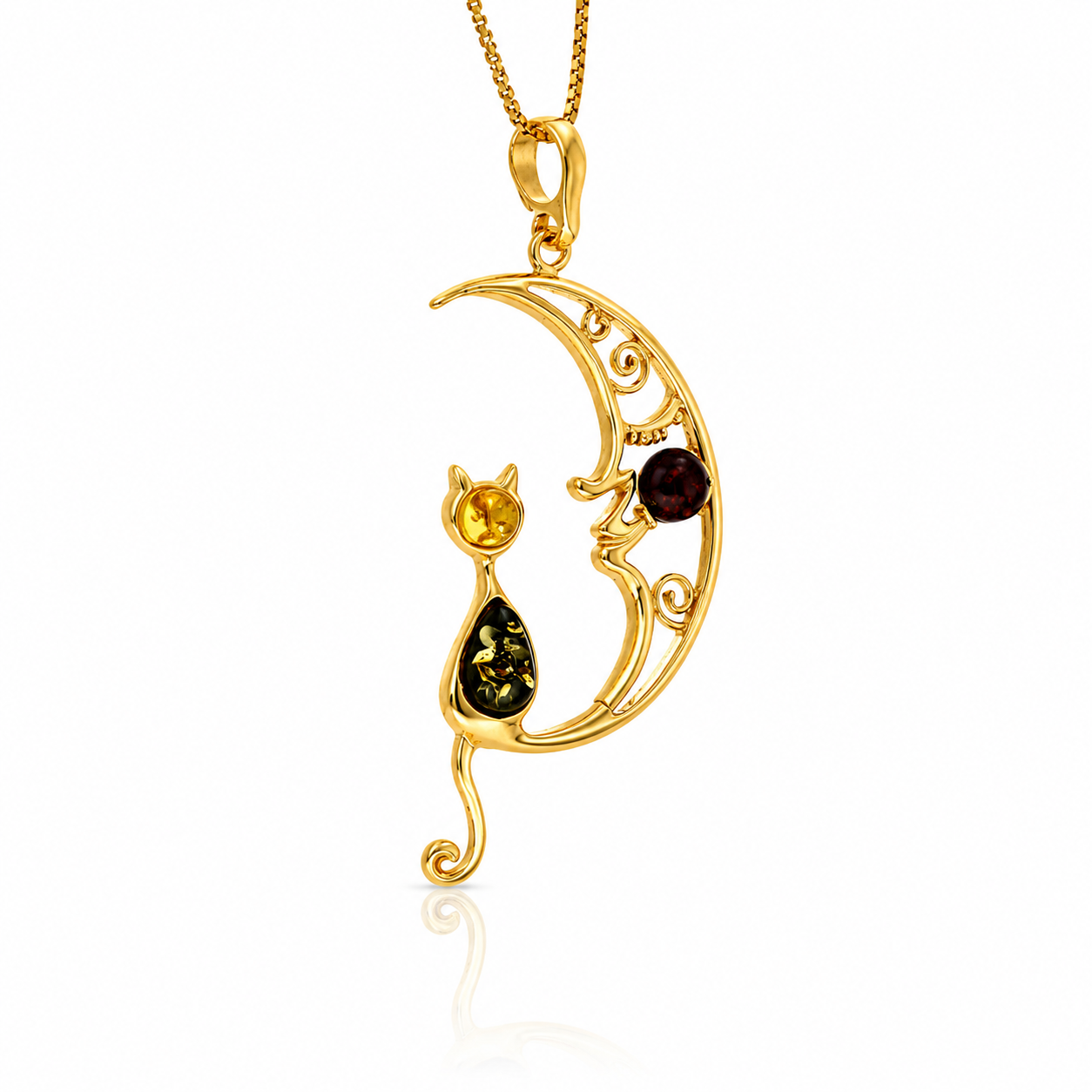 Gold-Plated Over 925 Sterling Silver & Genuine Baltic Amber Cat on the Moon Large Pendant - AP14G