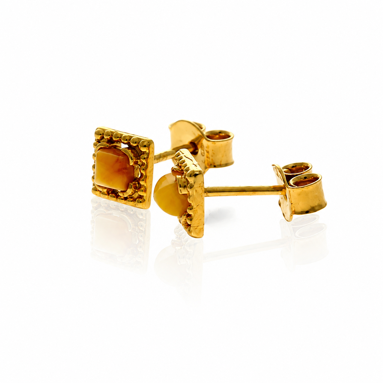 Gold Plated over 925 Sterling Silver & Genuine Baltic Amber Contemporary Square Small Studs Earrings - AEG24