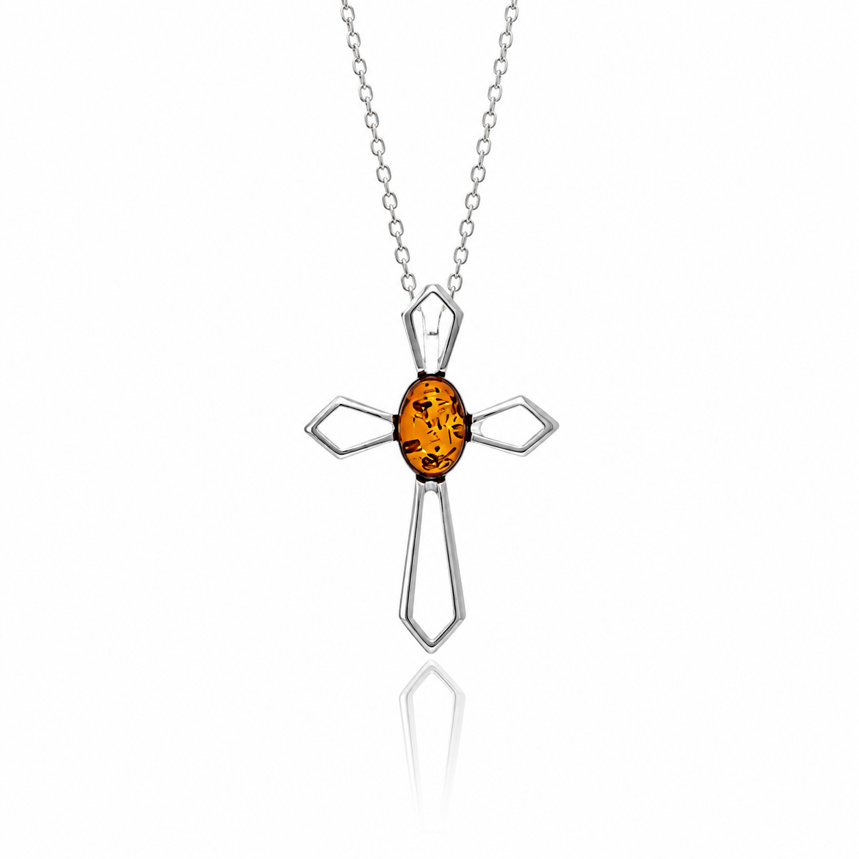 925 Sterling Silver & Genuine Baltic Amber Cross Pendant - 655