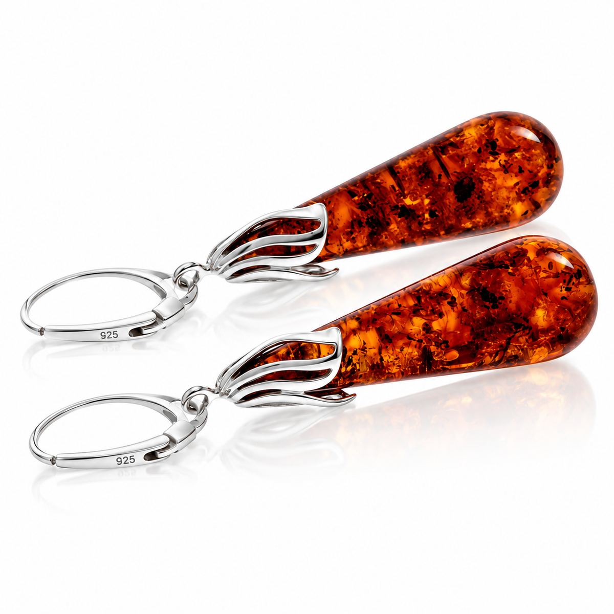 925 Sterling Silver & Genuine Baltic Amber Pressed Amber Exclusive Teardrop Earrings - 8593C