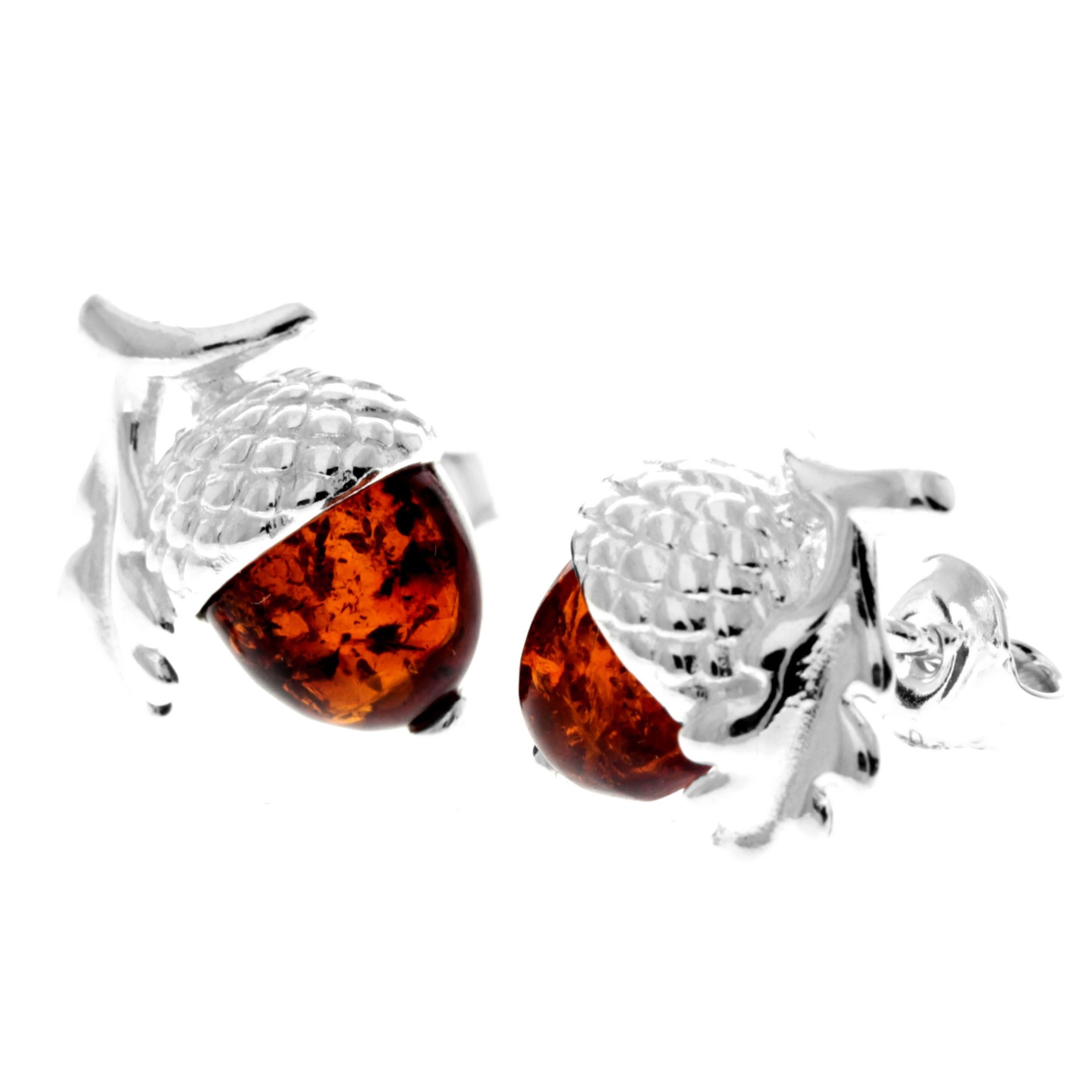 925 Sterling Silver & Baltic Amber Modern Acorn Studs Earrings - GL1047