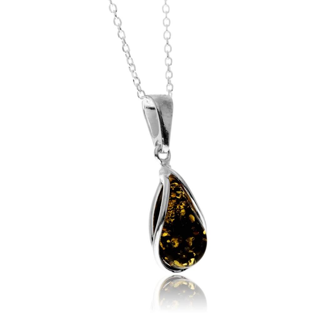 925 Sterling Silver & Genuine Baltic Amber Modern Teardrop Pendant - G235