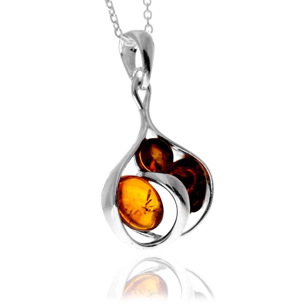 925 Sterling Silver & Genuine Baltic Amber Modern Multi-Stone Pendant - GL2066