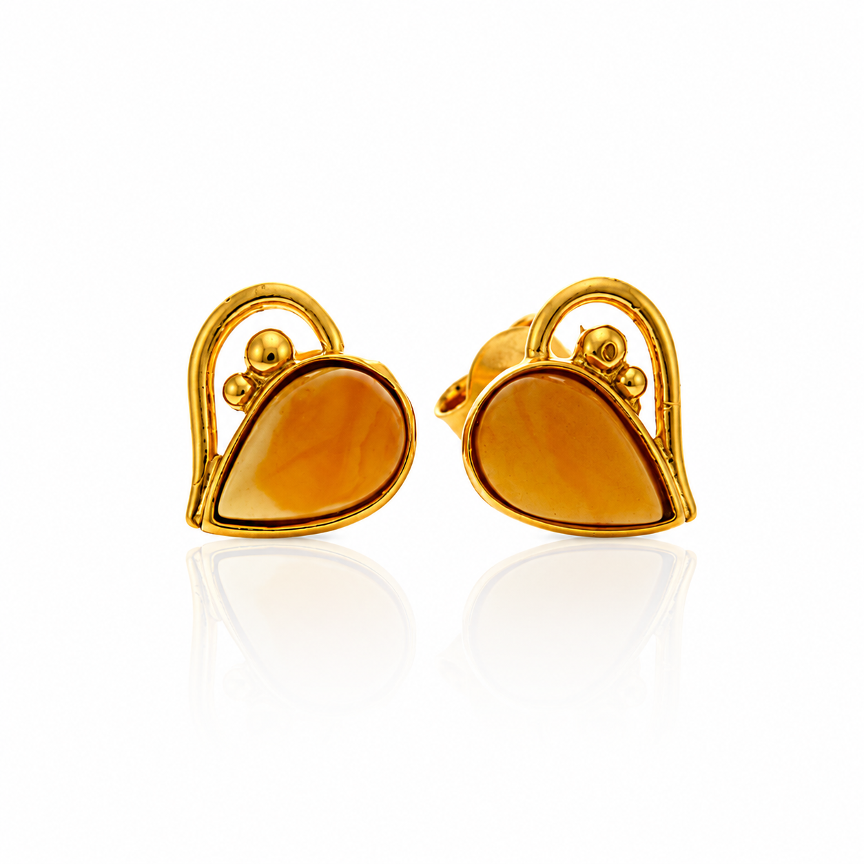 Gold Plated over 925 Sterling Silver & Genuine Baltic Amber Hearts Studs Earrings - M194G