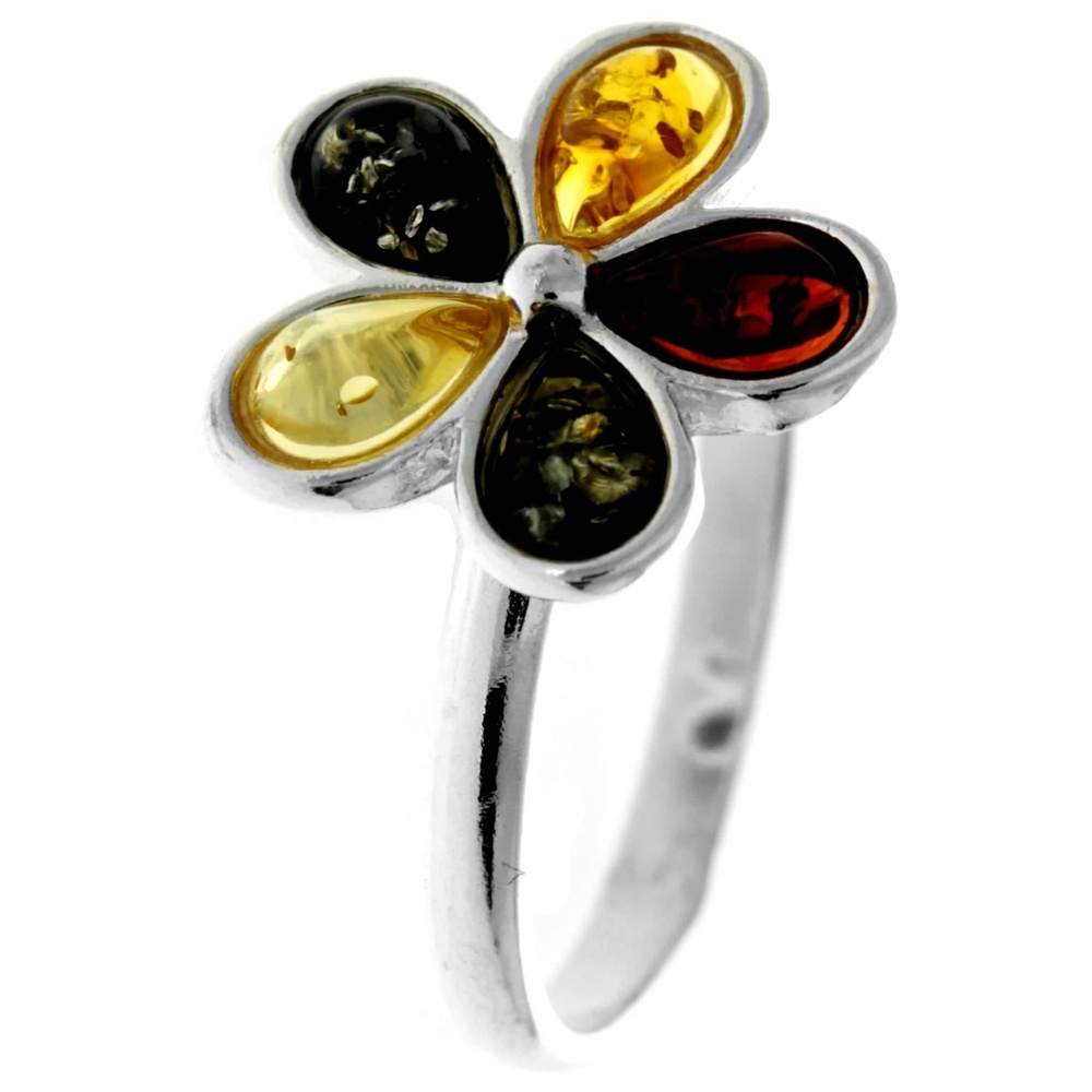 925 Sterling Silver & Genuine Teardrop Baltic Amber Classic Flower Ring - 7555