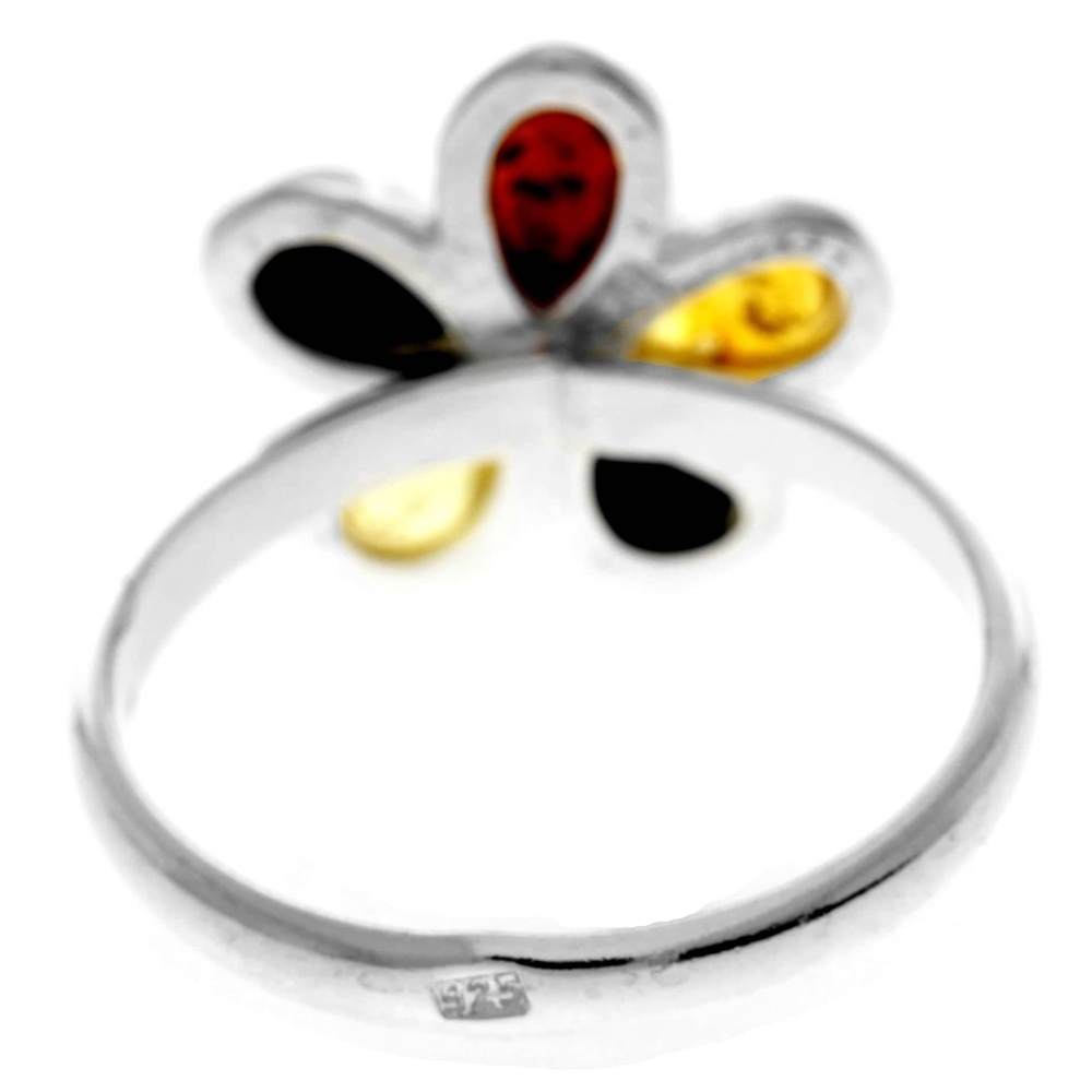 925 Sterling Silver & Genuine Teardrop Baltic Amber Classic Flower Ring - 7555