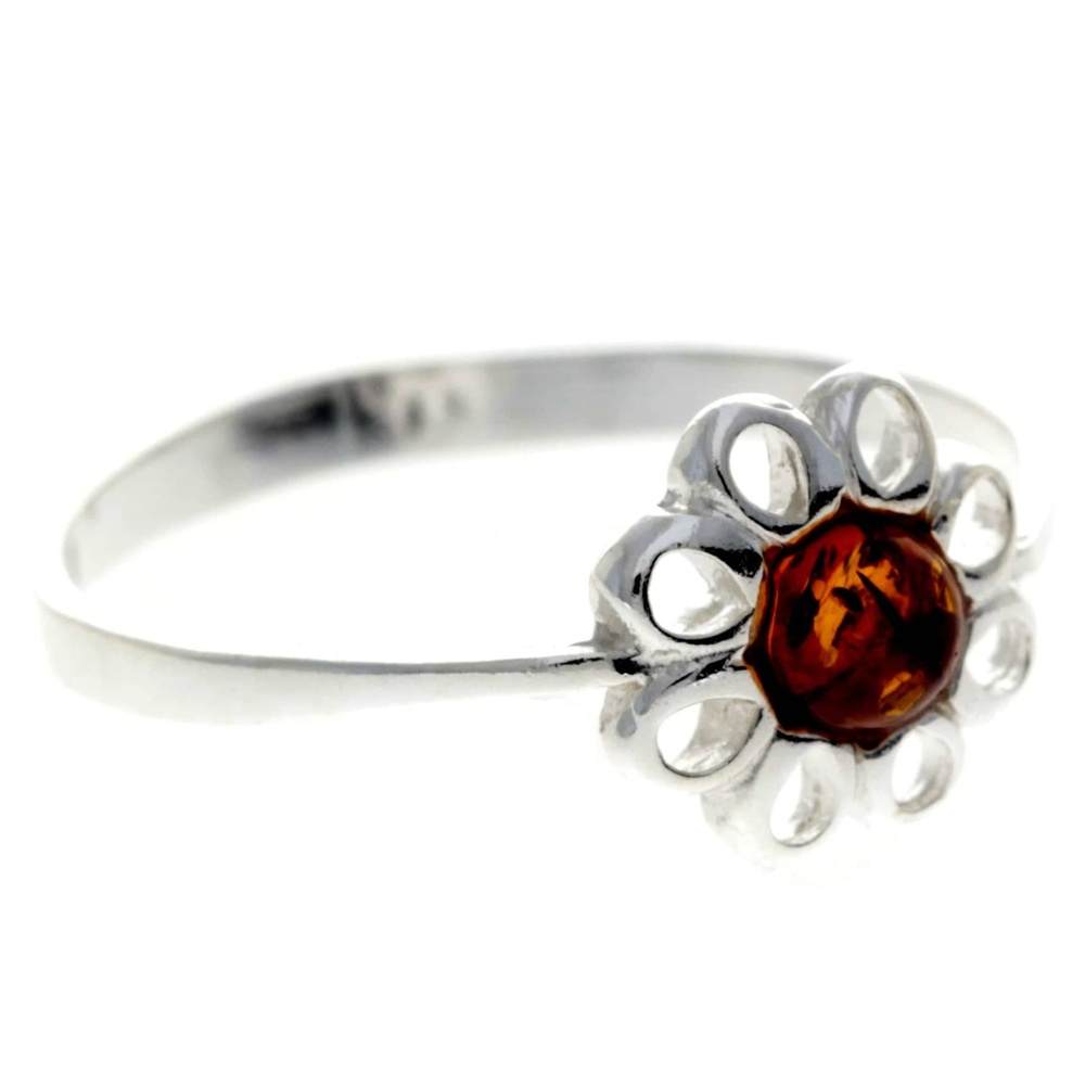 925 Sterling Silver & Genuine Baltic Amber Modern Flower Designer Ring - 7596
