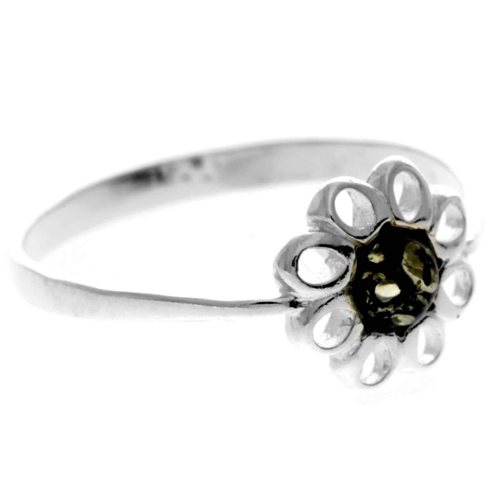 925 Sterling Silver & Genuine Baltic Amber Modern Flower Designer Ring - 7596
