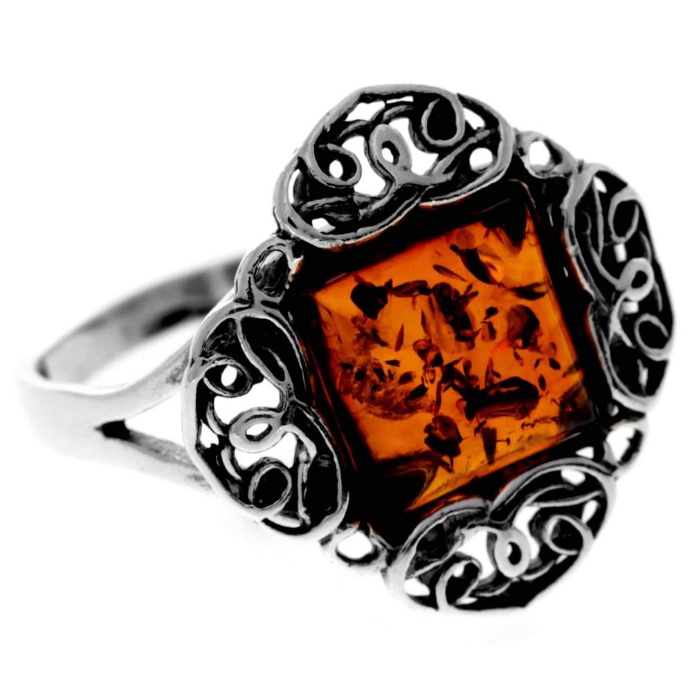 925 Sterling Silver & Genuine Square Baltic Amber Classic Designer Ring - 7599