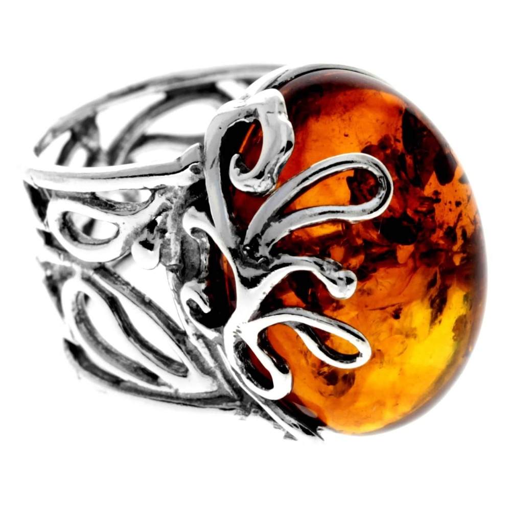 925 Sterling Silver & Genuine Baltic Amber Modern Adjustable Ring - 7602
