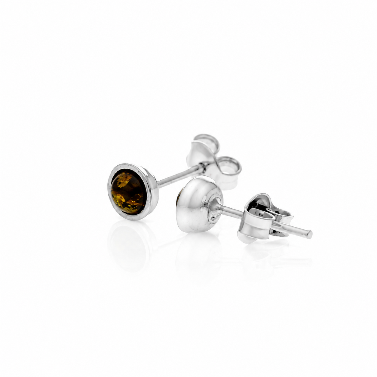 925 Sterling Silver & Genuine Baltic Amber Classic Round Studs Earrings - J010