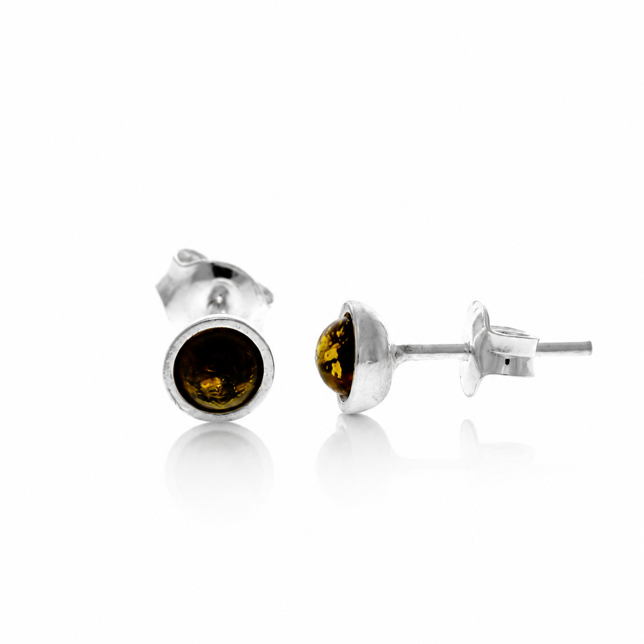 925 Sterling Silver & Genuine Baltic Amber Classic Round Studs Earrings - J010