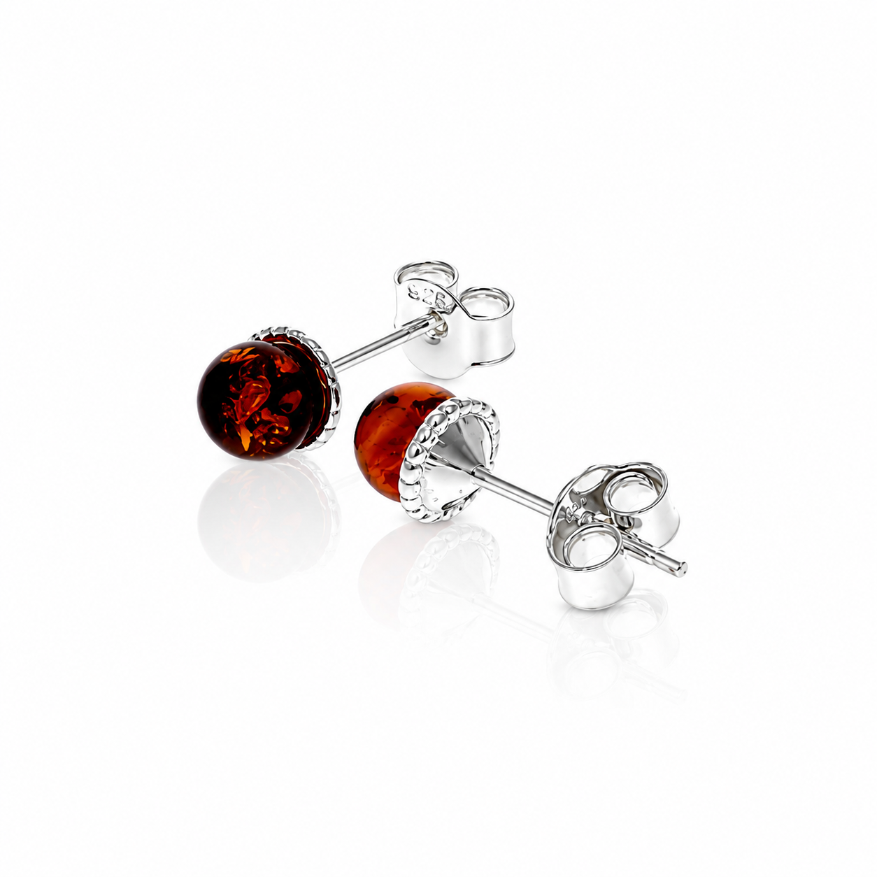 925 Sterling Silver & Genuine Baltic Amber Classic Studs Earrings - AE31C