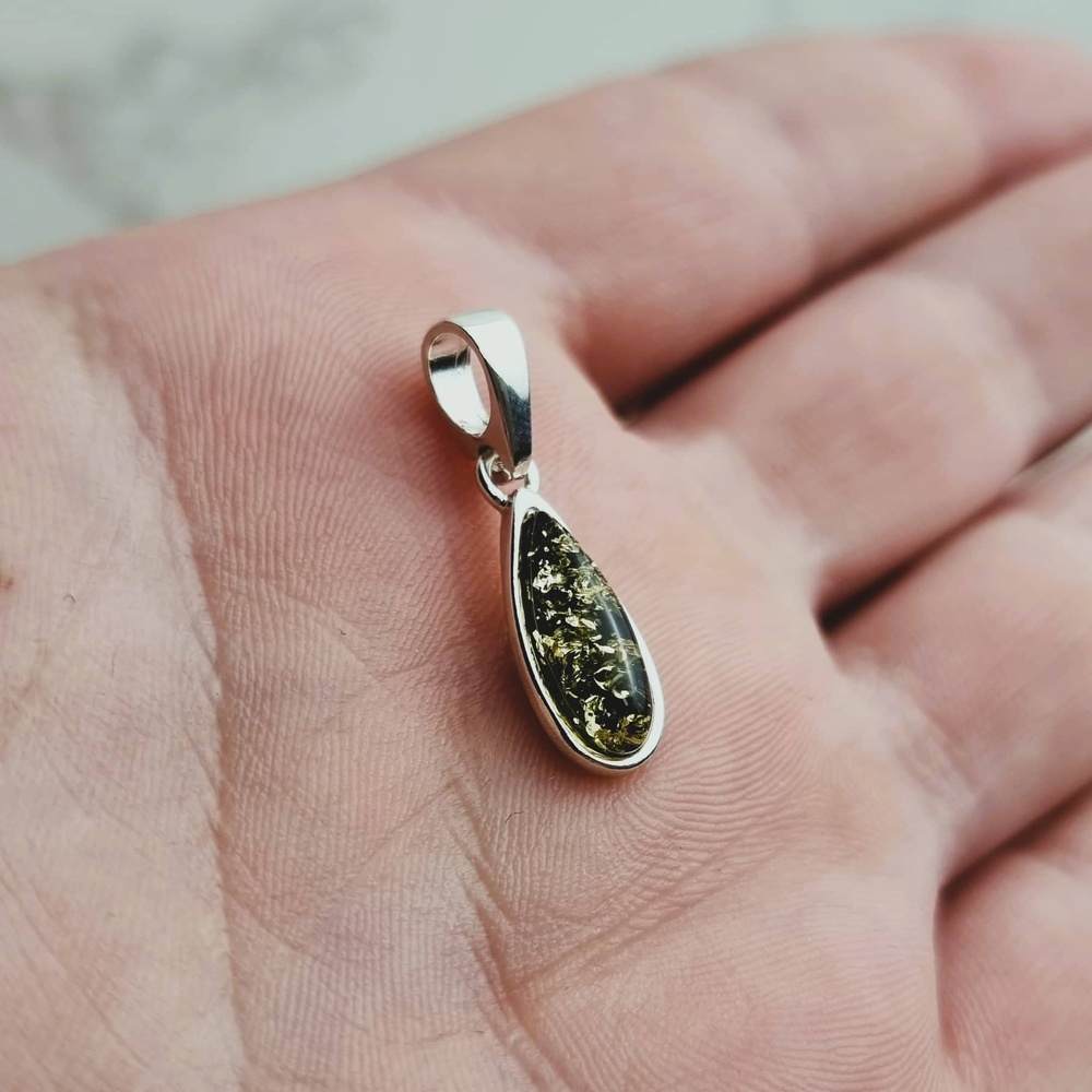 925 Sterling Silver & Genuine Baltic Amber Modern Teardrop Pendant - G236
