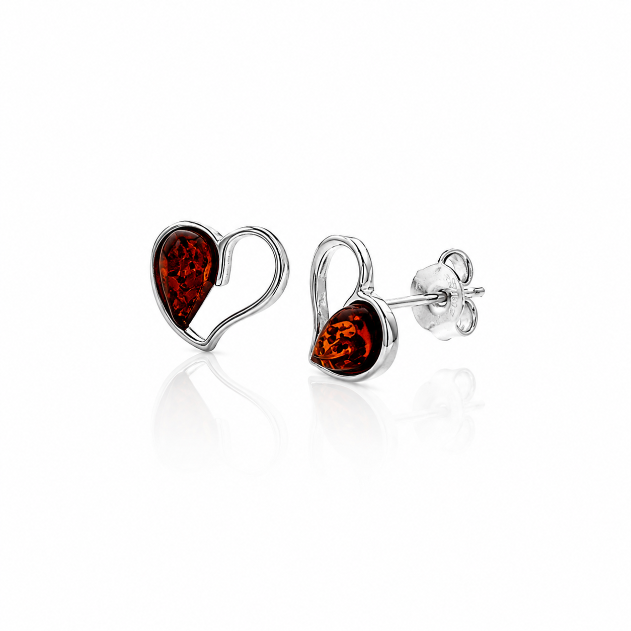 925 Sterling Silver & Genuine Baltic Amber Classic Hearts Studs Earrings - 8576