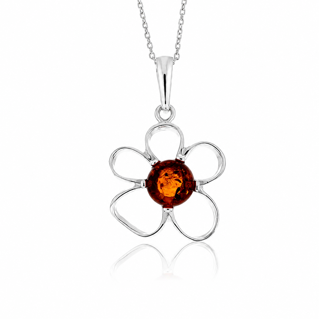 925 Sterling Silver & Genuine Baltic Amber Flower Exclusive Pendant - 766