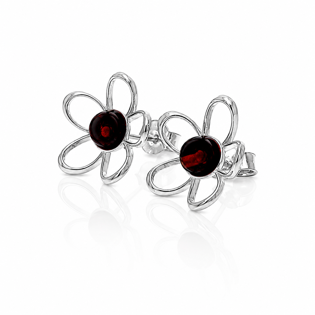 925 Sterling Silver & Genuine Baltic Amber Flowers Studs Earrings - 8620