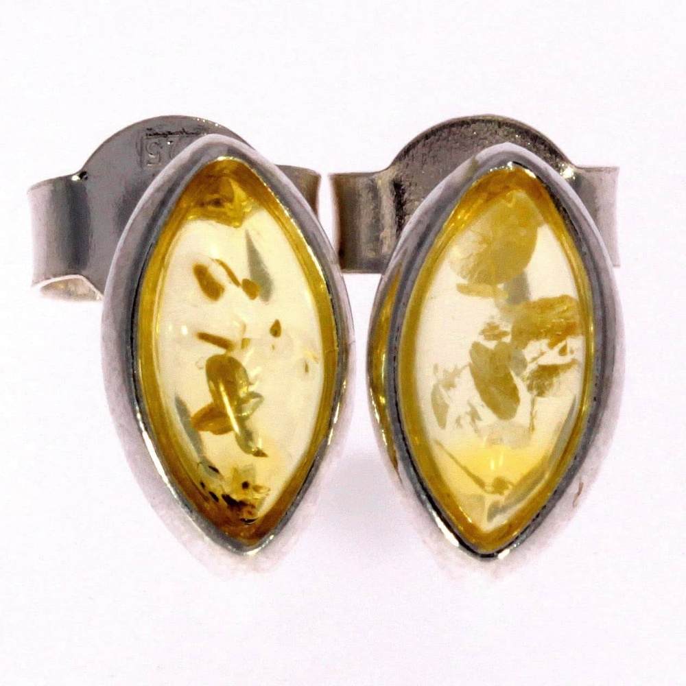 925 Sterling Silver & Genuine Baltic Amber Classic Oval Studs Earrings - 8343