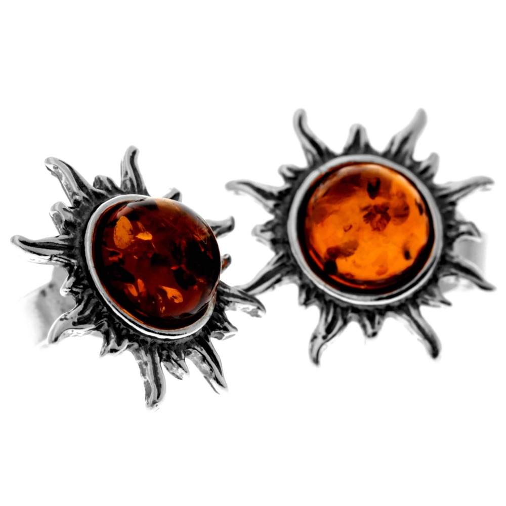 925 Sterling Silver & Genuine Baltic Amber Small Sun Stud Earrings 8549