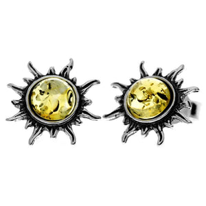 925 Sterling Silver & Genuine Baltic Amber Small Sun Stud Earrings 8549