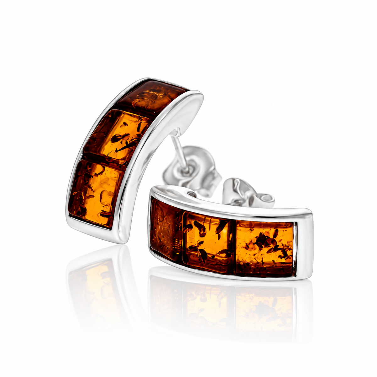 925 Sterling Silver & Genuine Baltic Square Amber Multistone Studs Earrings - GL1065