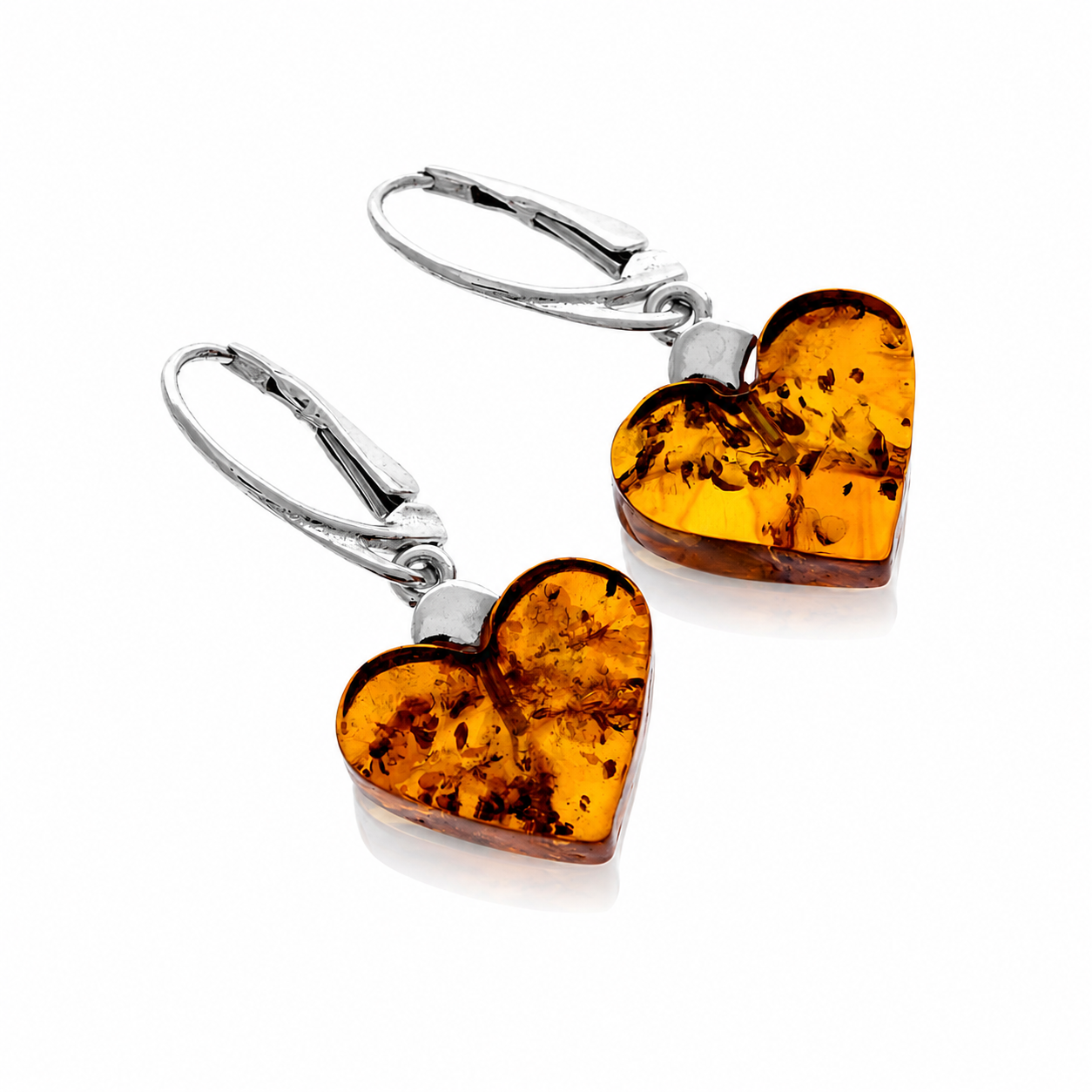925 Sterling Silver & Genuine Baltic Amber Classic Drop Hearts Earrings - 8624