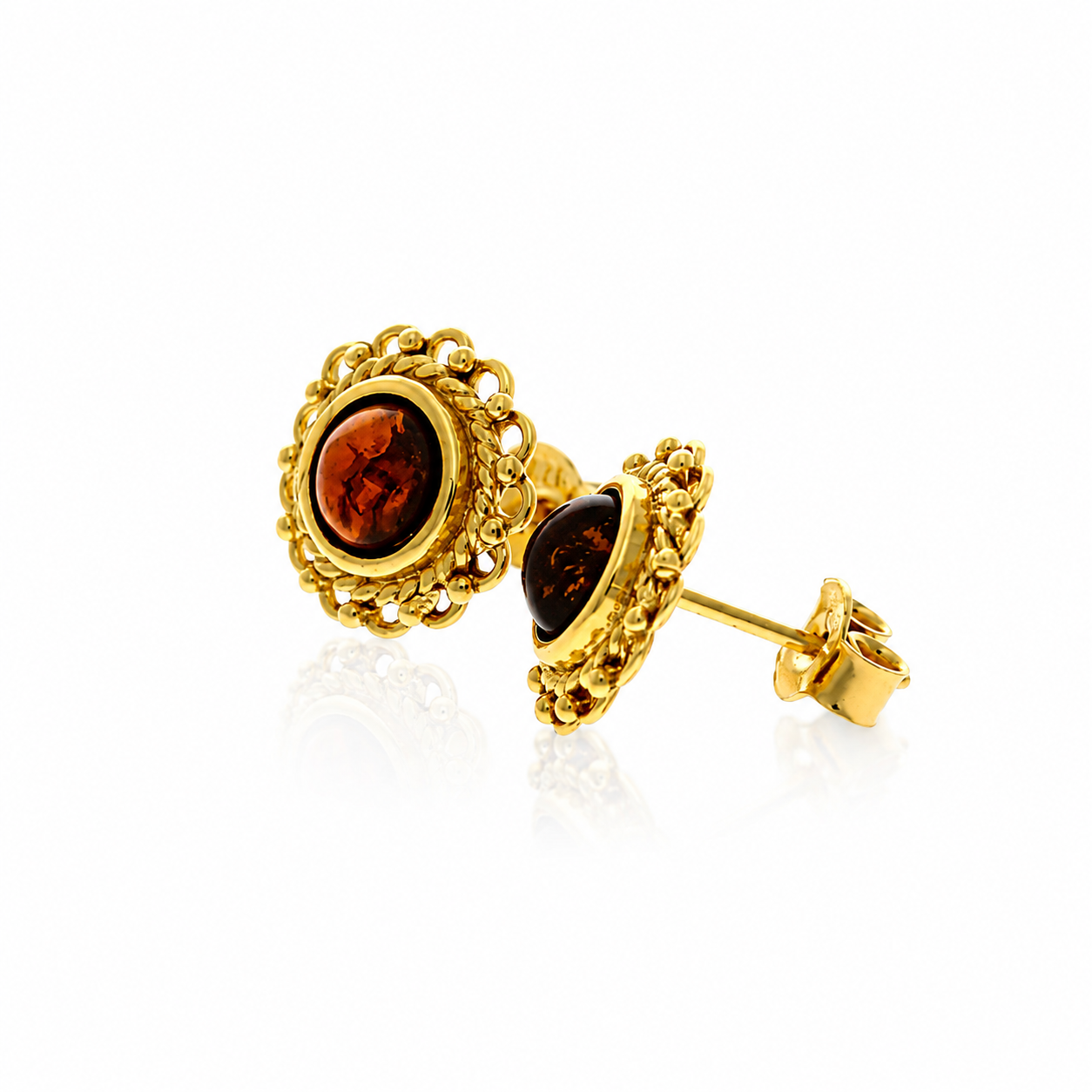 Gold Plated over 925 Sterling Silver & Genuine Baltic Amber Classic Light Studs Earrings - GAE01