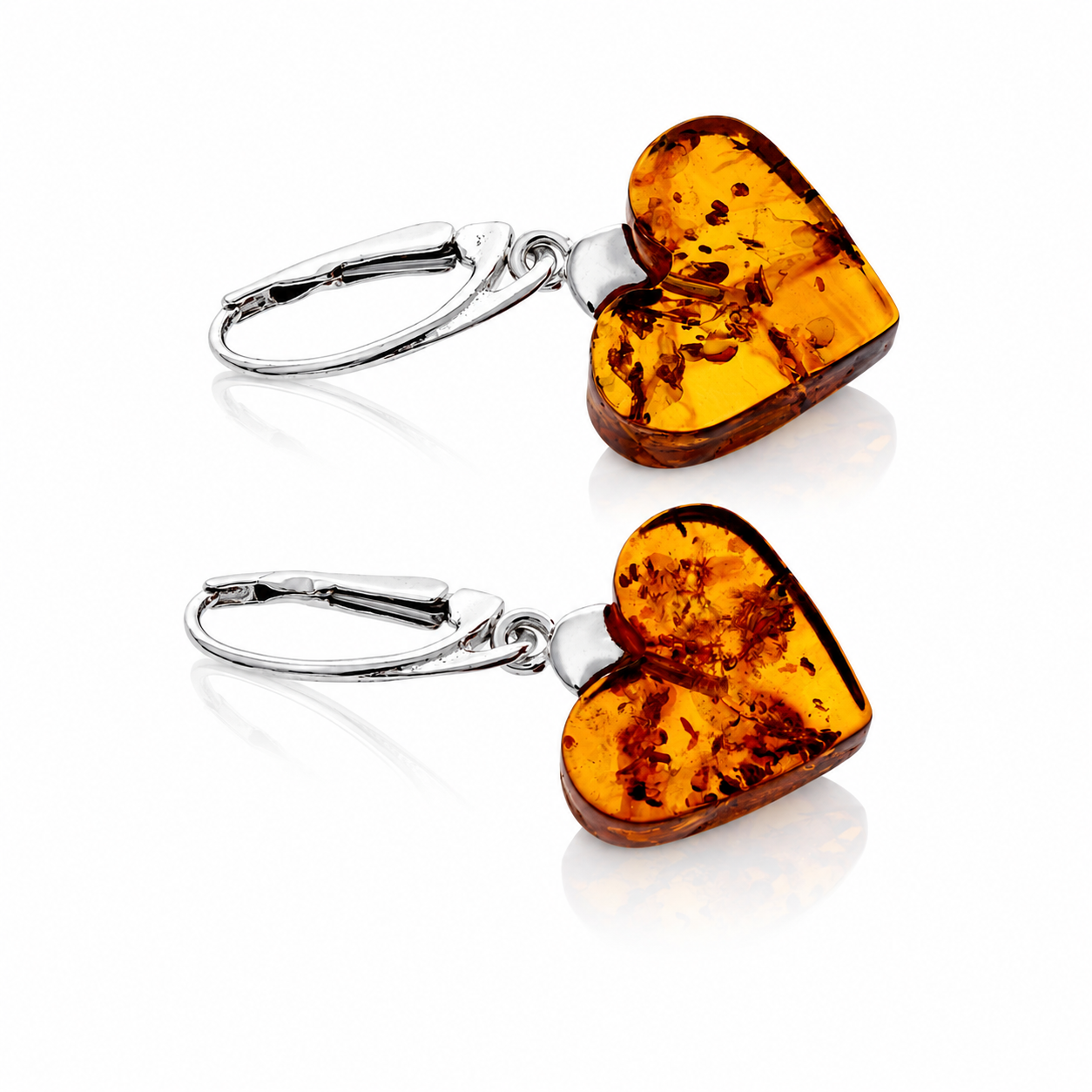 925 Sterling Silver & Genuine Baltic Amber Classic Drop Hearts Earrings - 8624