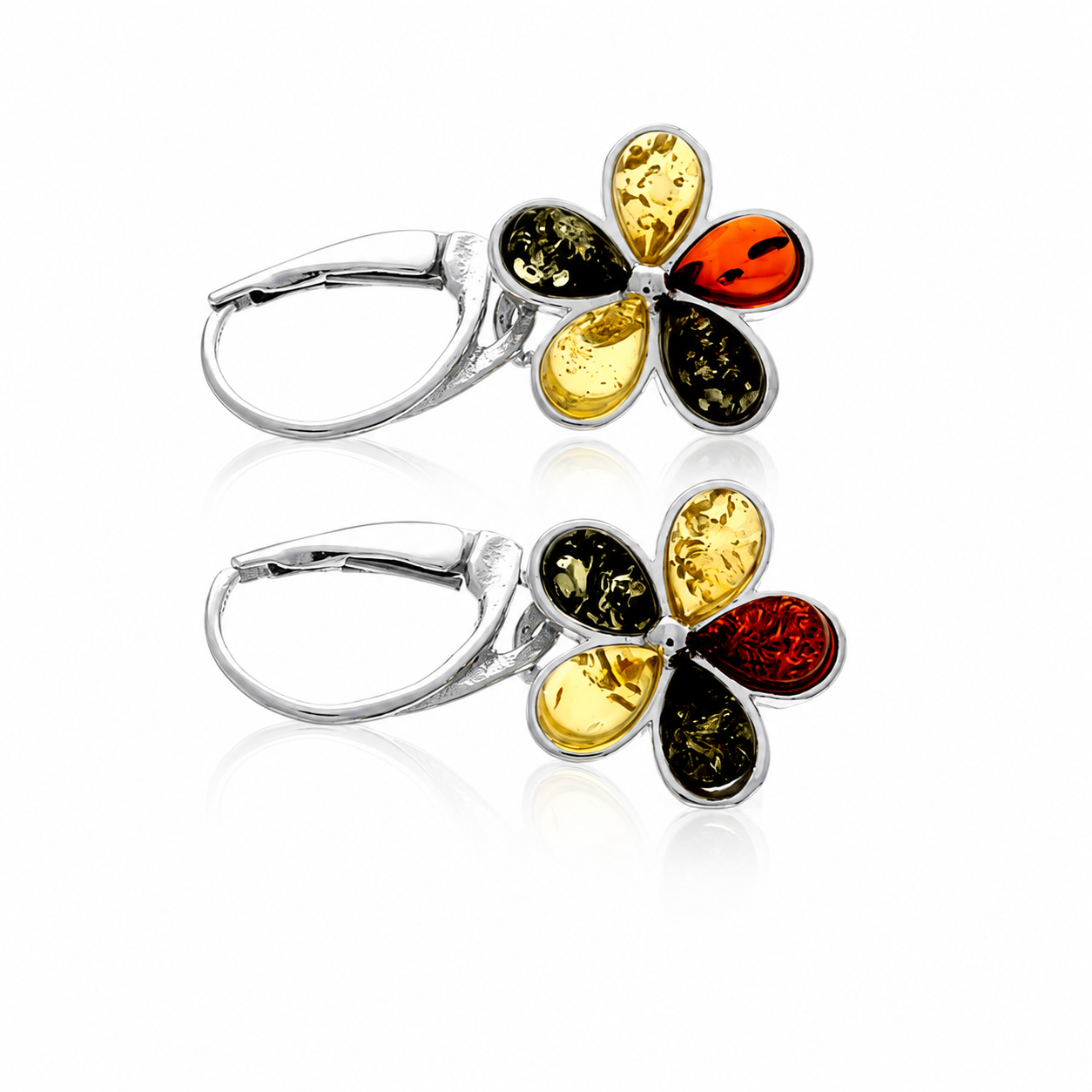 925 Sterling Silver & Genuine Baltic Amber Flowers Drop Earrings - 5267D