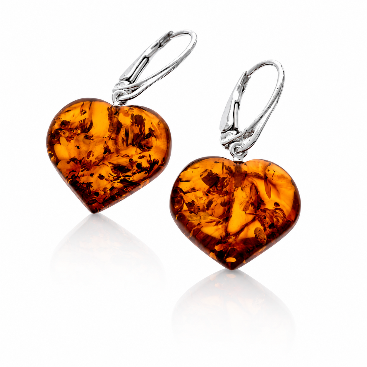 925 Sterling Silver & Genuine Baltic Amber Classic Drop Hearts Earrings - 8623