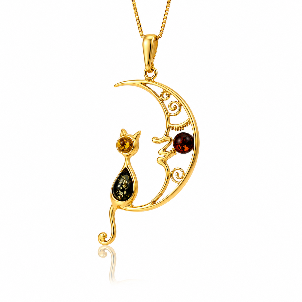 Gold-Plated Over 925 Sterling Silver & Genuine Baltic Amber Cat on the Moon Large Pendant - AP14G