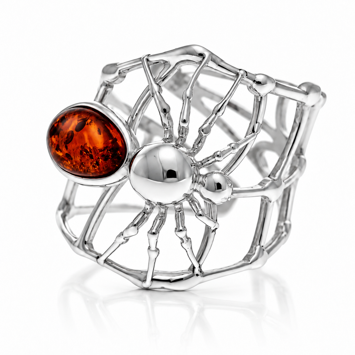 925 Sterling Silver & Genuine Baltic Amber Spider ring - AA400
