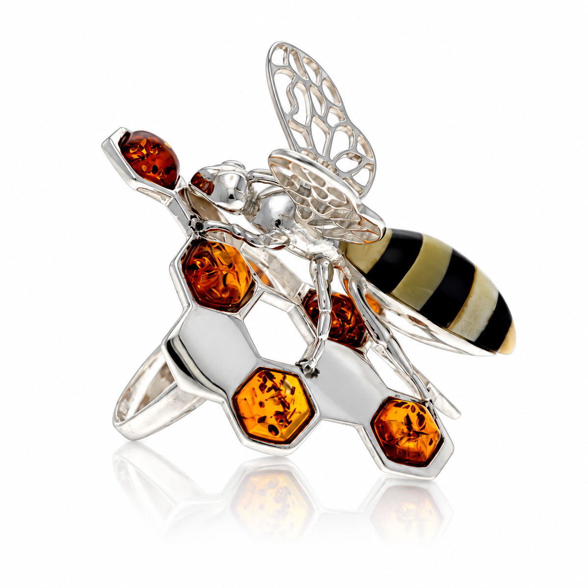 925 Sterling Silver & Genuine Baltic Amber Bee ring - AA401