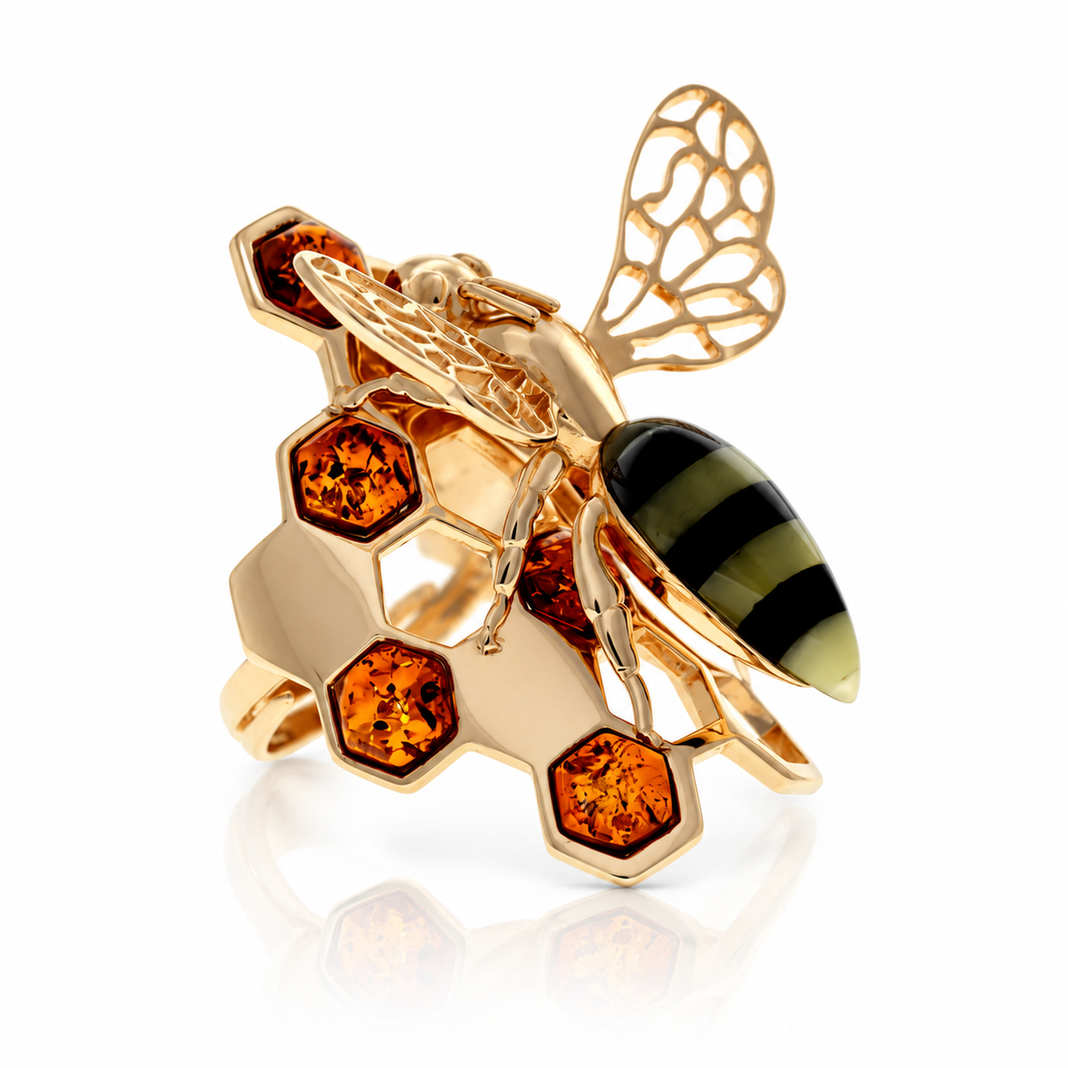 18k Gold-plated 925 Sterling Silver & Genuine Baltic Amber Bee ring - AA401G