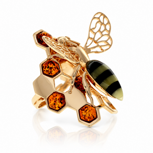 18k Gold-plated 925 Sterling Silver & Genuine Baltic Amber Bee ring - AA401G