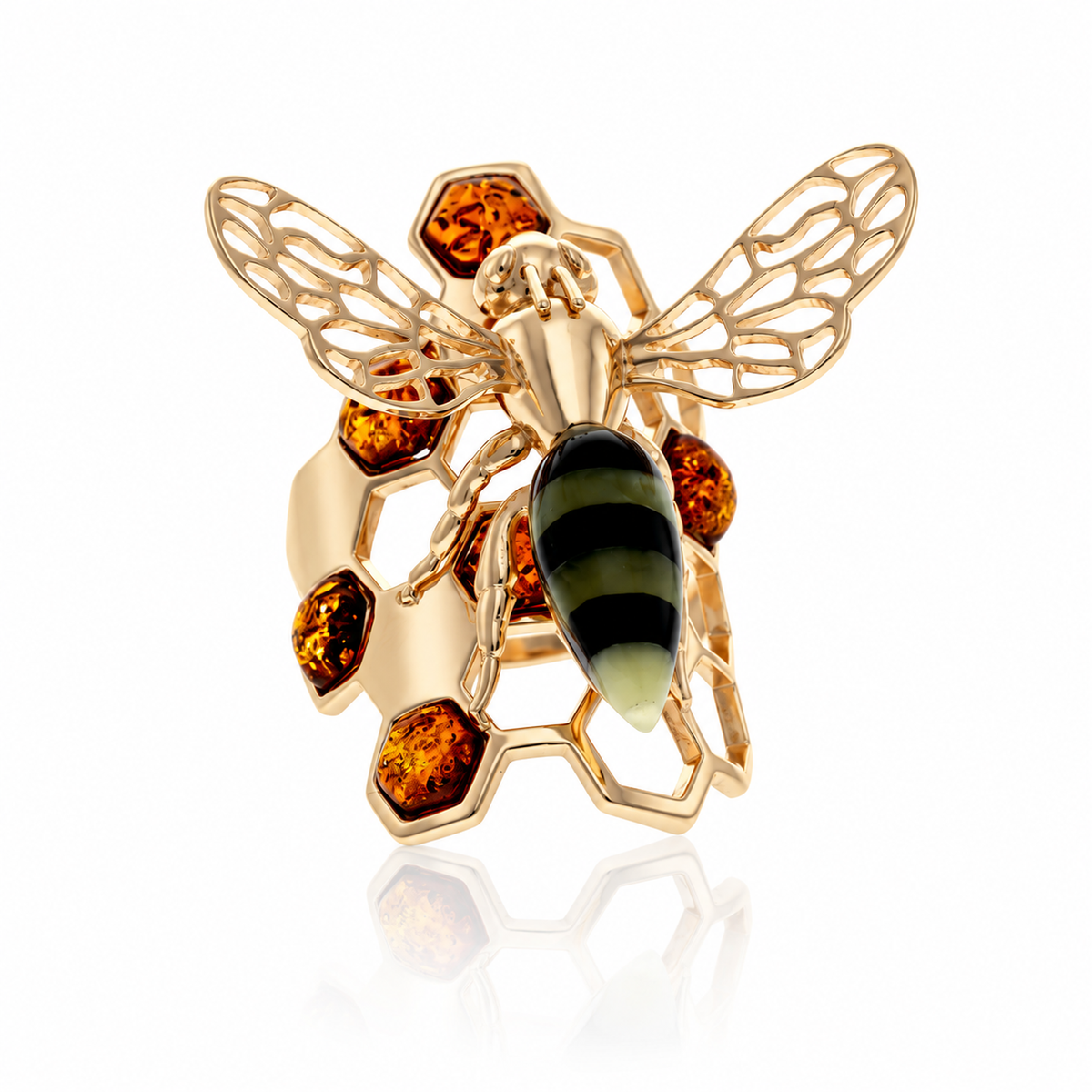 18k Gold-plated 925 Sterling Silver & Genuine Baltic Amber Bee ring - AA401G