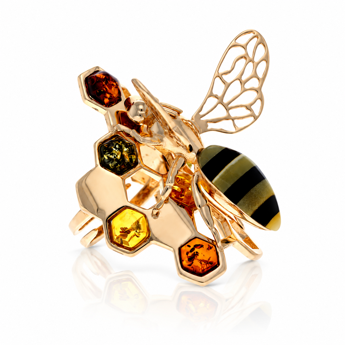 18k Gold-plated 925 Sterling Silver & Genuine Baltic Amber Bee ring - AA401G