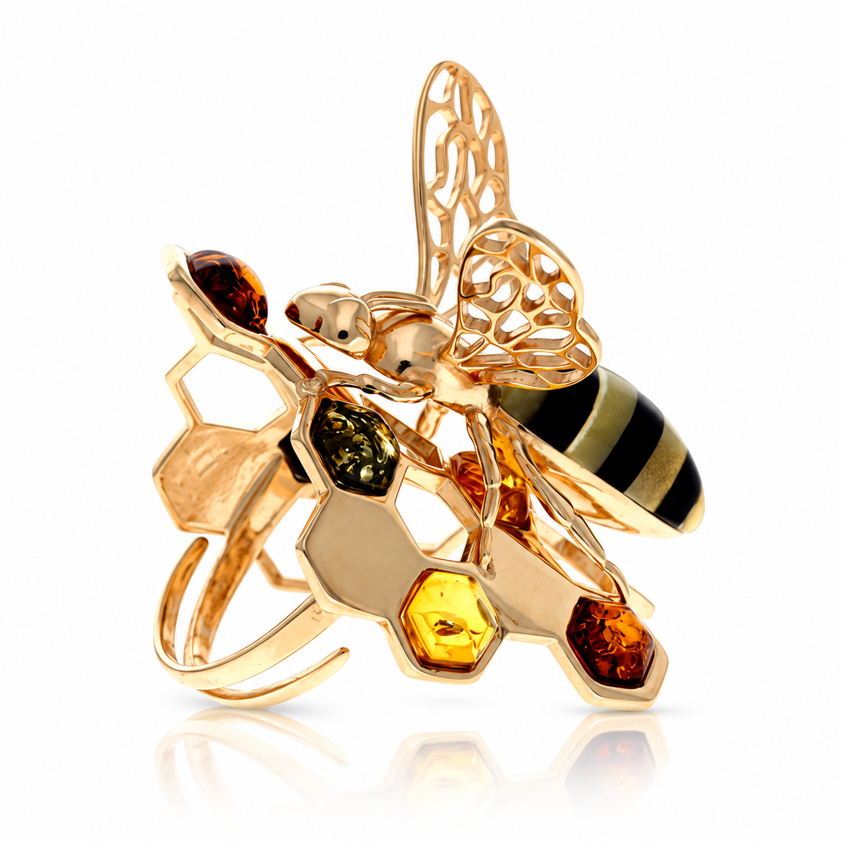18k Gold-plated 925 Sterling Silver & Genuine Baltic Amber Bee ring - AA401G