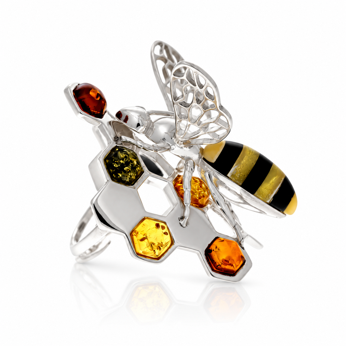 925 Sterling Silver & Genuine Baltic Amber Bee ring - AA401