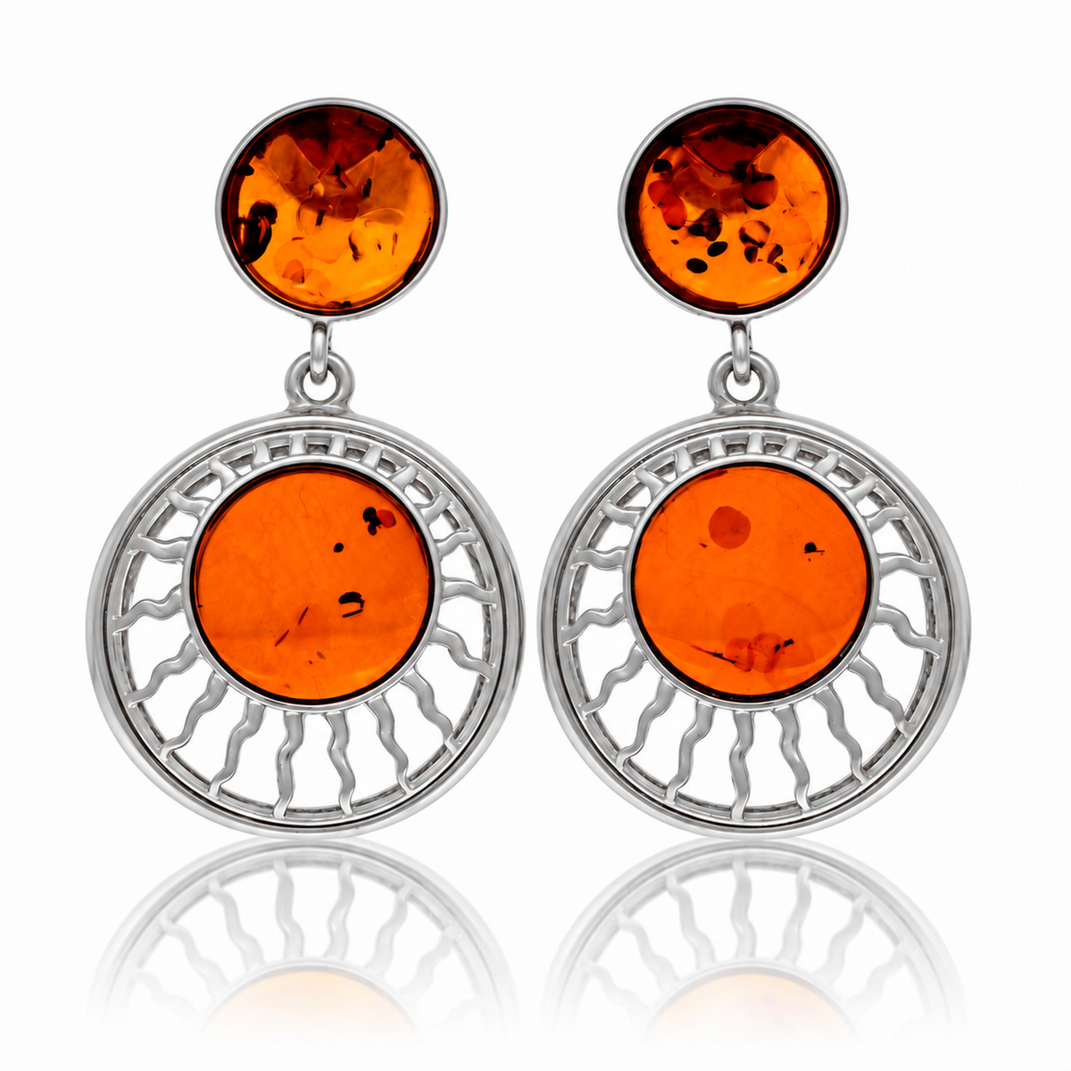 925 Sterling Silver & Genuine Baltic Amber Exclusive Sun Earrings - AB008