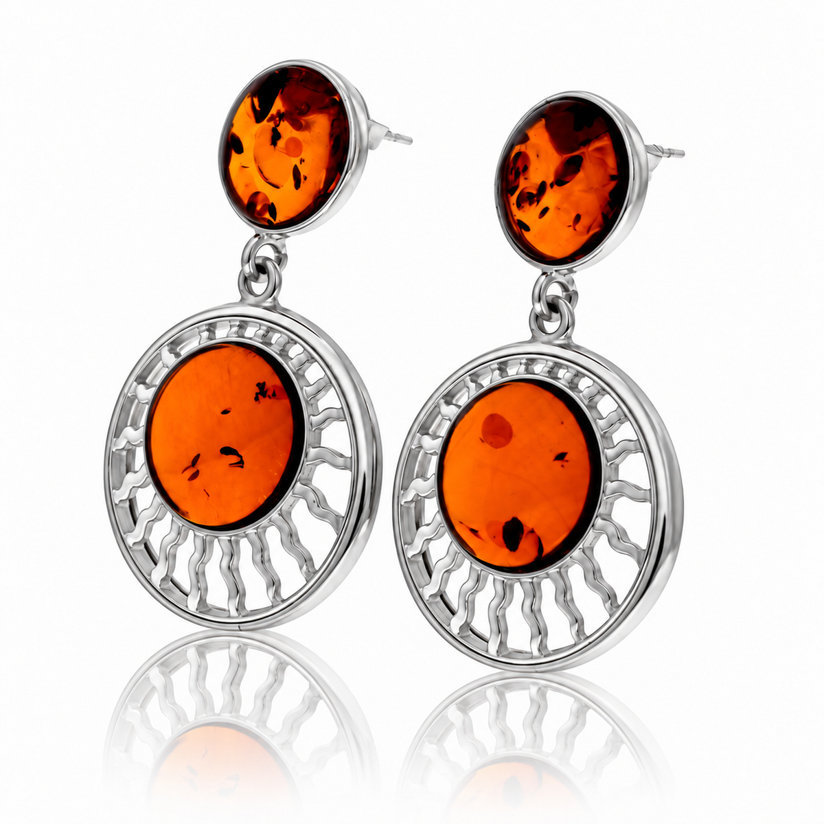 925 Sterling Silver & Genuine Baltic Amber Exclusive Sun Earrings - AB008