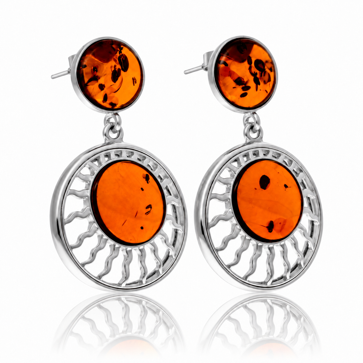 925 Sterling Silver & Genuine Baltic Amber Exclusive Sun Earrings - AB008